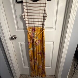 Striped Top Yellow Floral Maxi Dress with Tie Waist